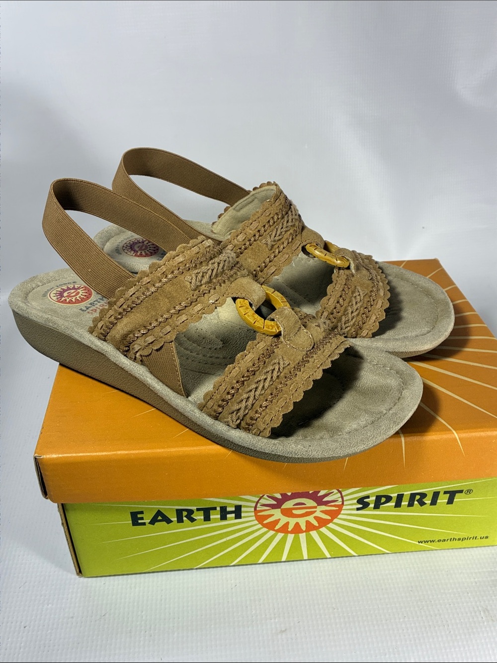 Earth Spirit Brown Braided Slingback Sandals with Gold Accent
